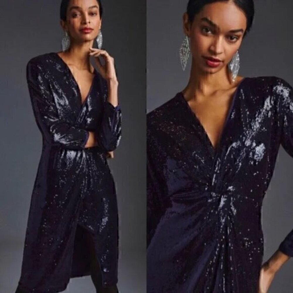 NWT Anthropologie Twist Front Sequin Dress in Navy Size 0